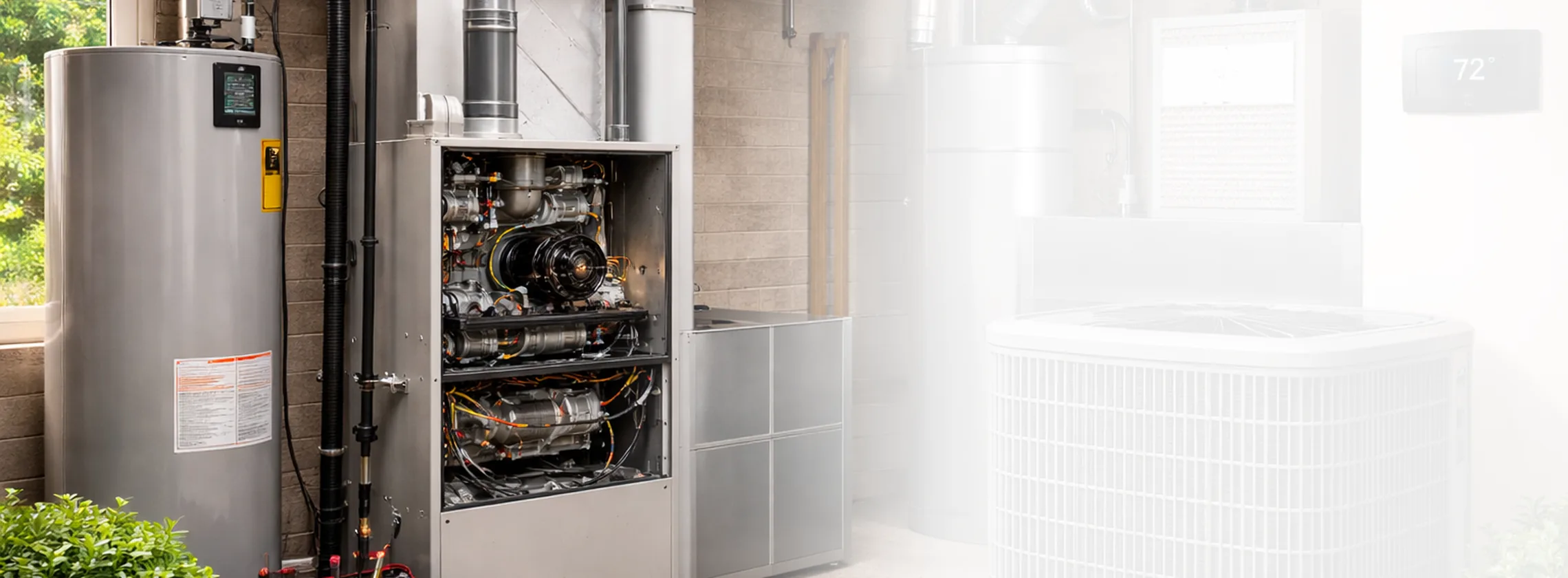 Residential HVAC system: furnace with open cabinet, water heater and outdoor condenser unit